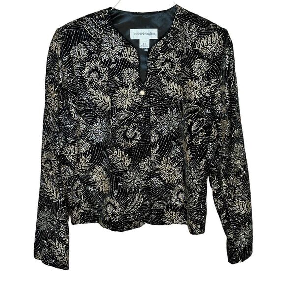 VTG Norton McNaughton Blazer Jacket Black Velvet‎ Floral Ornate Stitch Sz 12 USA - Picture 1 of 8